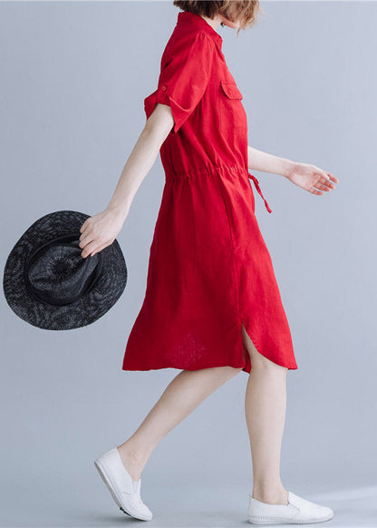 Red Peter Pan Collar Drawstring Shirt Dresses Summer