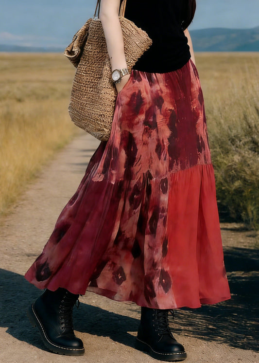 Red Pockets Print Elastic Waist Maxi Skirt Spring