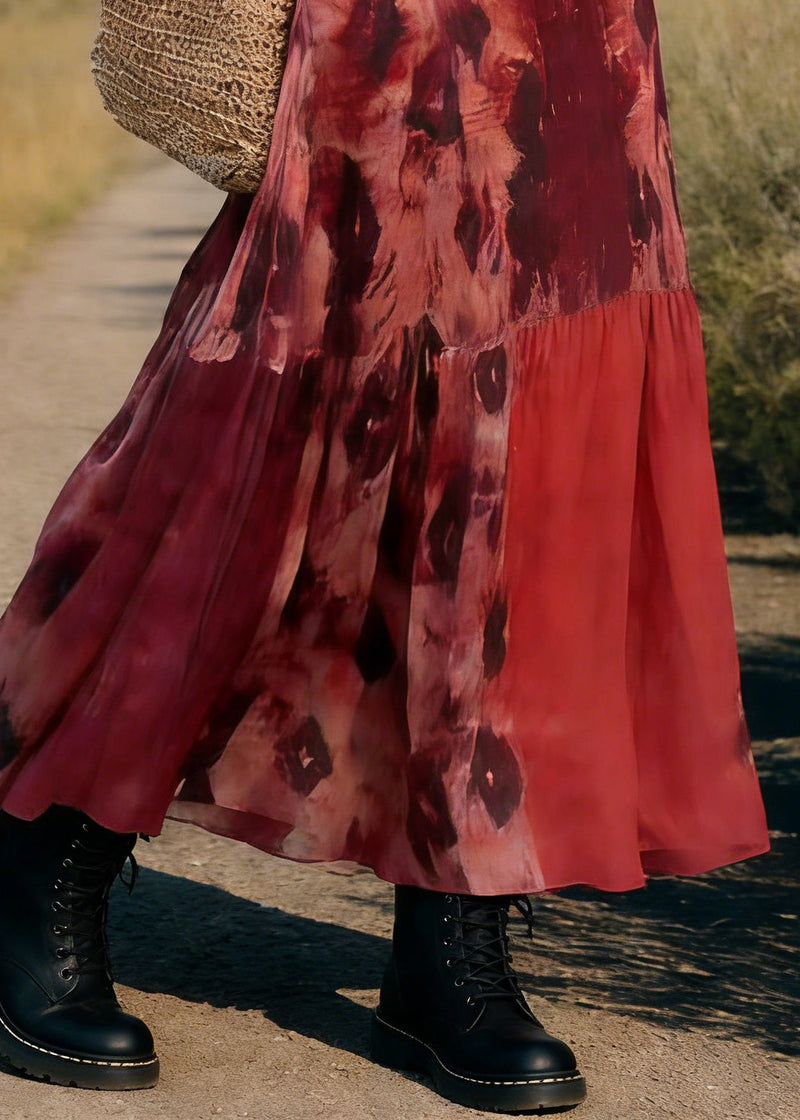 Red Pockets Print Elastic Waist Maxi Skirt Spring