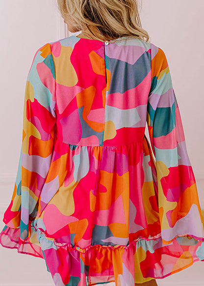 Red Print Wrinkled Chiffon Mid Dresses Fall
