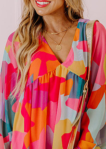 Red Print Wrinkled Chiffon Mid Dresses Fall