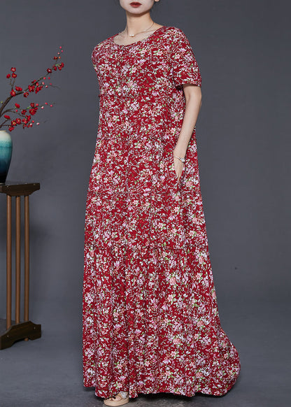 Red Ruffled Print Exra Large Hem Cotton Holiday Dress Summer