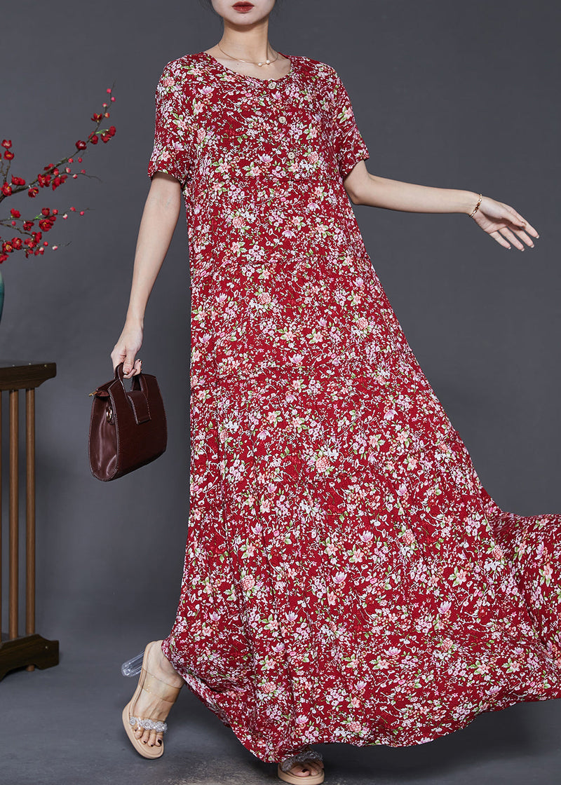 Red Ruffled Print Exra Large Hem Cotton Holiday Dress Summer