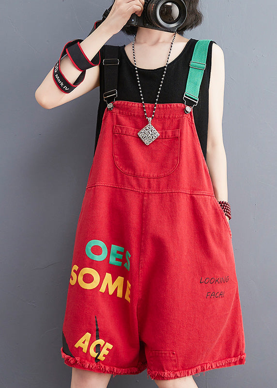 Red Slash Neck Graphic Print Patchwork Button Denim Jumpsuit Summer