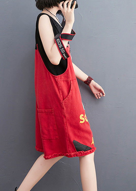 Red Slash Neck Graphic Print Patchwork Button Denim Jumpsuit Summer