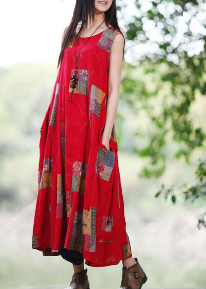 Red U Neck Dress Print Sleeveless Summer Dress