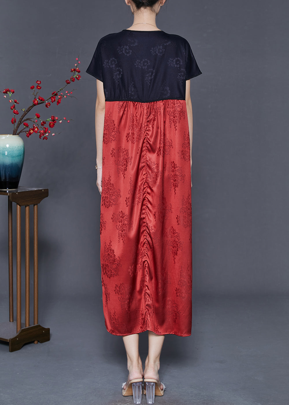 Red V Neck Patchwork Silk Dresses Summer