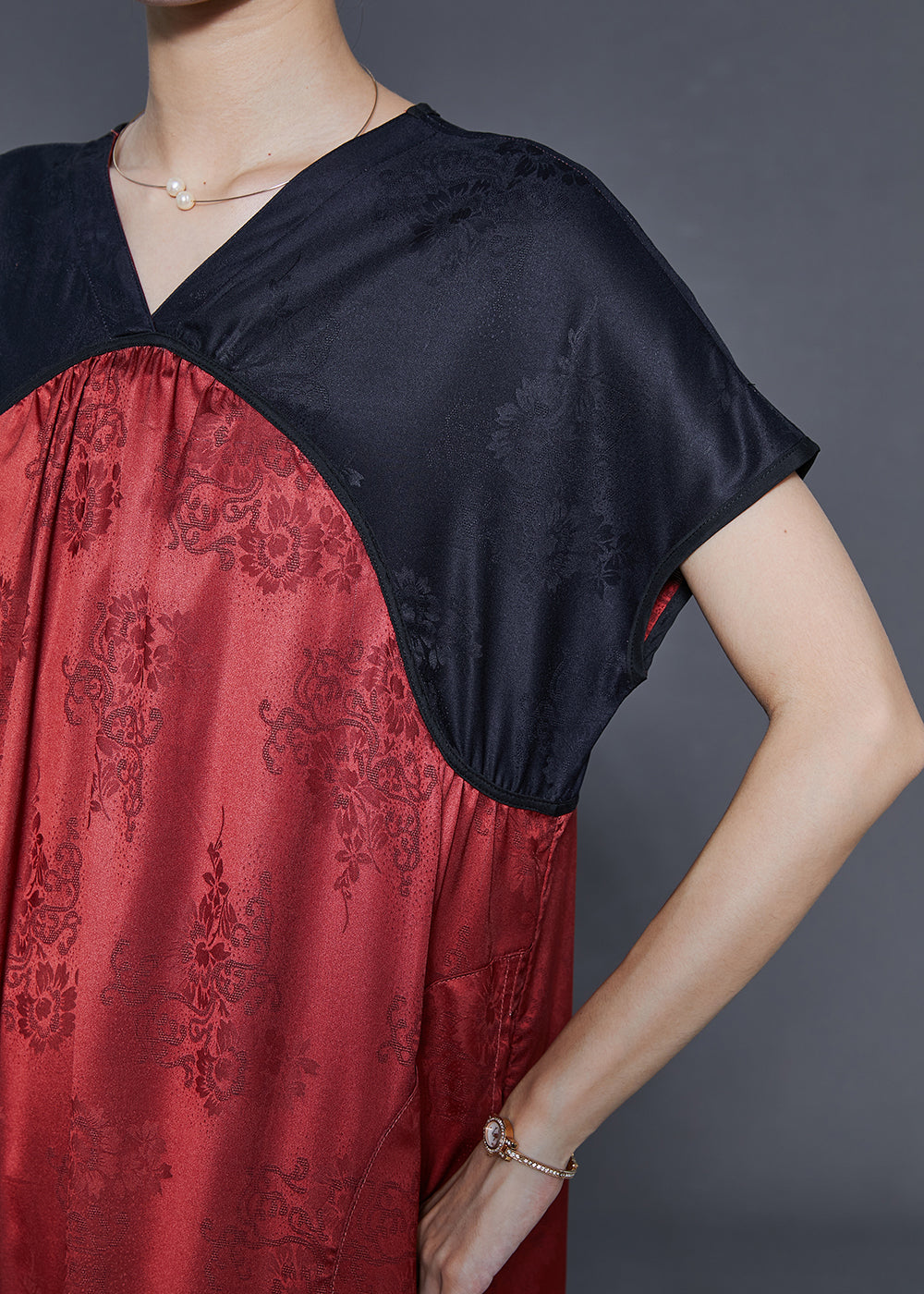 Red V Neck Patchwork Silk Dresses Summer