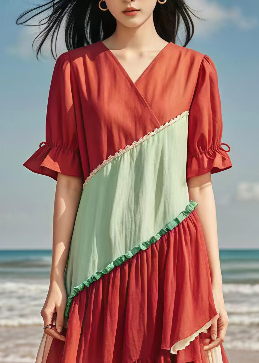 Red V Neck Patchwork Tulle Cotton Long Dress Summer