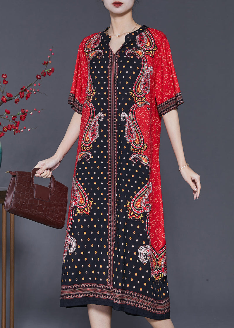 Red V Neck Print Chiffon Holiday Dresses Summer