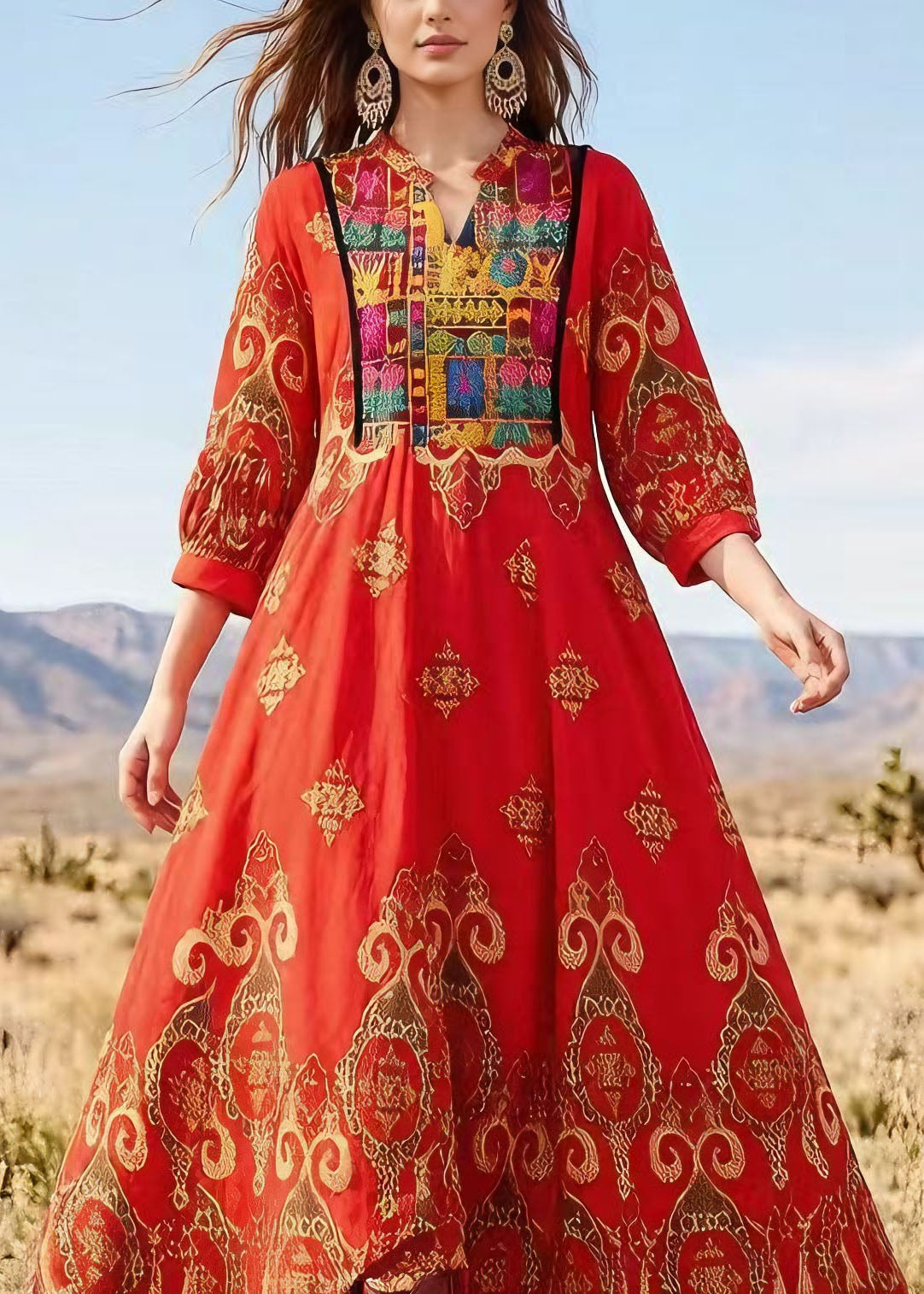 Red V Neck Print Exra Large Hem Cotton Dress Lantern Sleeve