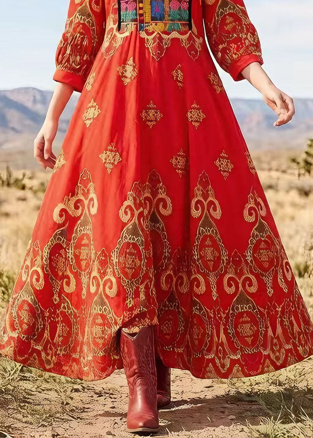 Red V Neck Print Exra Large Hem Cotton Dress Lantern Sleeve