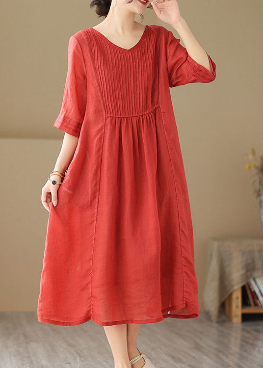 Red V Neck Wrinkled Patchwork Linen Dress Summer
