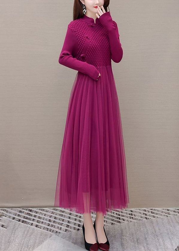 Rose Chinese Button Patchwork Silm Fit Knit Dress Spring