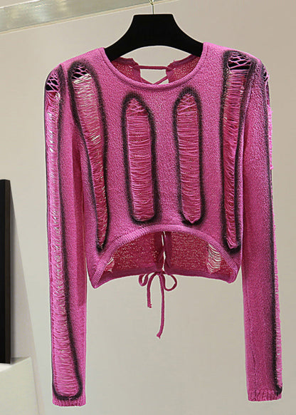 Rose Hole Tie Waist Cotton Knit Sweaters Spring