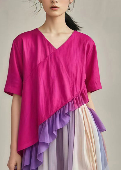 Rose Ruffled Patchwork Asymmetrical Design Cotton Dress Summer