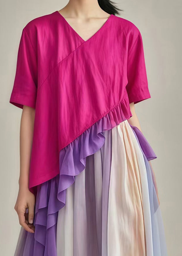 Rose Ruffled Patchwork Asymmetrical Design Cotton Dress Summer