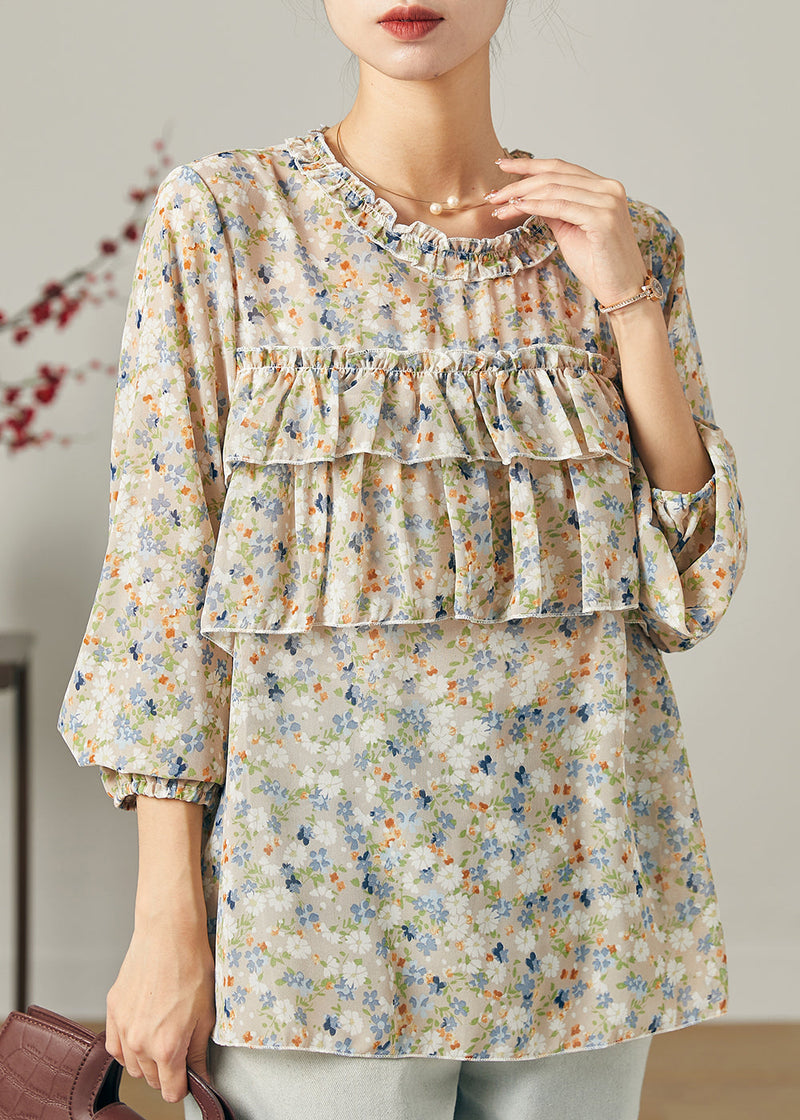 Ruffled Print Chiffon Shirt Tops Summer