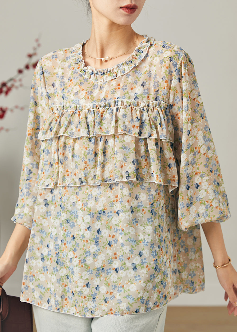Ruffled Print Chiffon Shirt Tops Summer