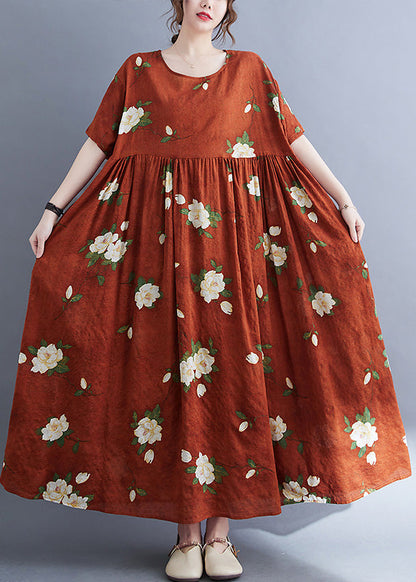 Rust O-neck Patchwork Print Vacation Maxi Dresses Short Sleeve