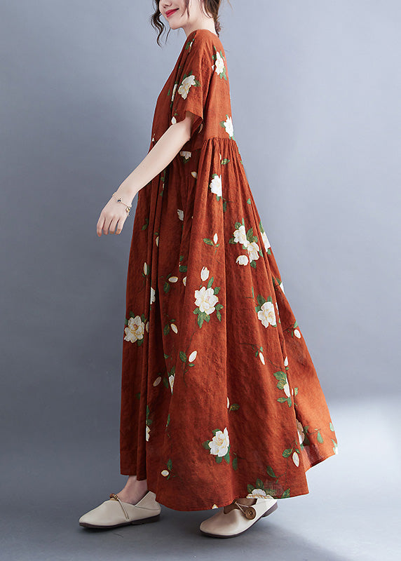Rust O-neck Patchwork Print Vacation Maxi Dresses Short Sleeve