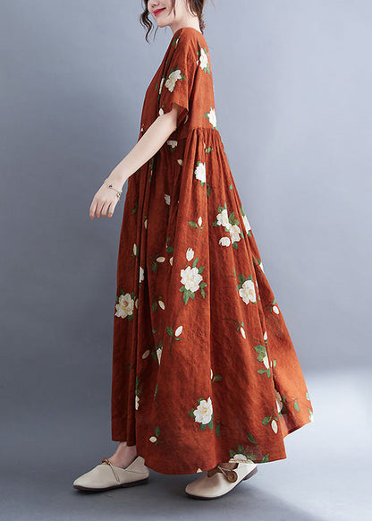 Rust O-neck Patchwork Print Vacation Maxi Dresses Short Sleeve