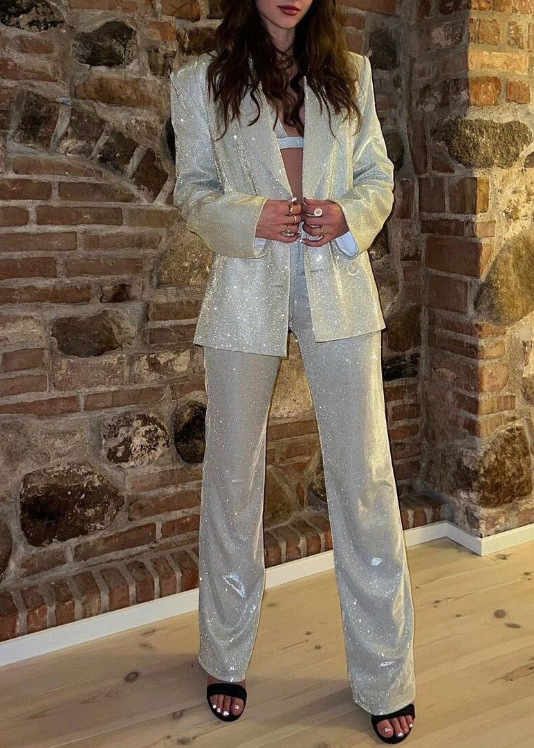 Silver Notched Sequins Coats ,vest and Straight Pants Three Piece Set Fall