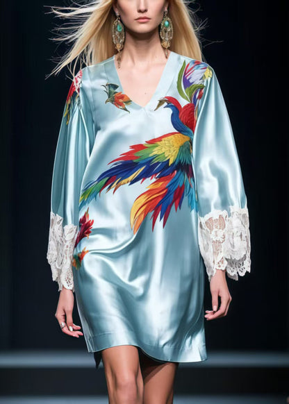 Sky Blue Phoenix Print Patchwork Lace Tea Dresses Summer