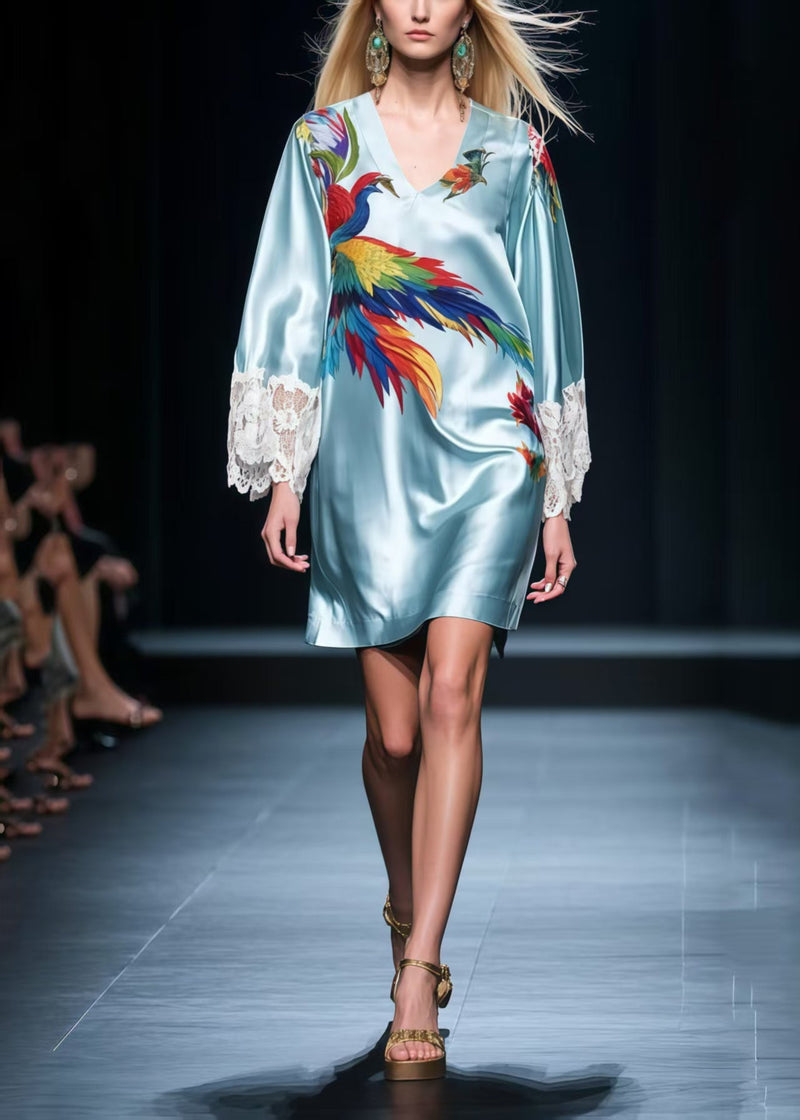 Sky Blue Phoenix Print Patchwork Lace Tea Dresses Summer