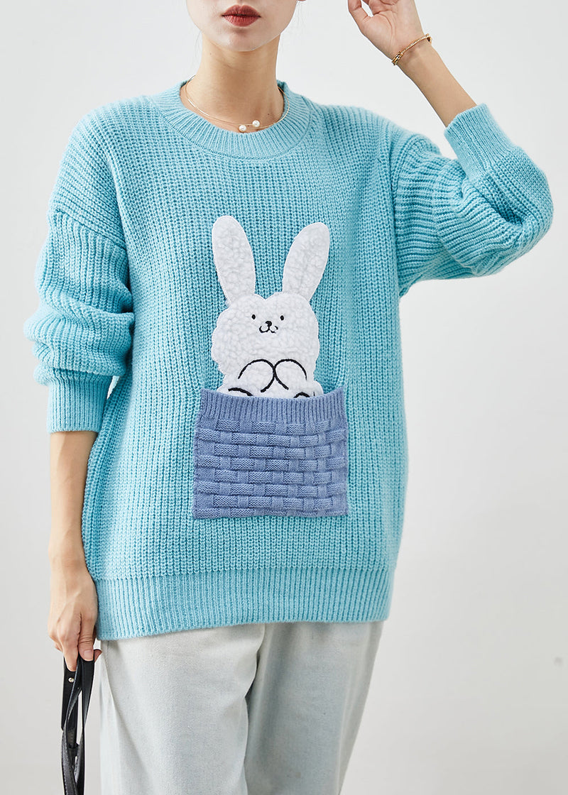 Sky Blue Thick Patchwork Rabbit Knitted Tops Winter