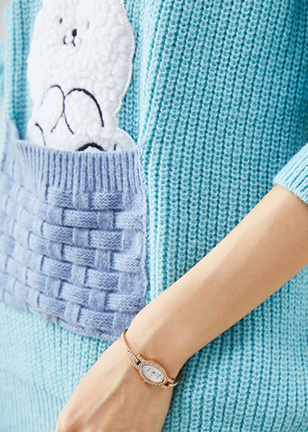 Sky Blue Thick Patchwork Rabbit Knitted Tops Winter