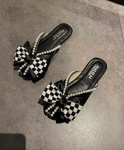 Slide Sandals Black Splicing Plaid Bow Nail Bead