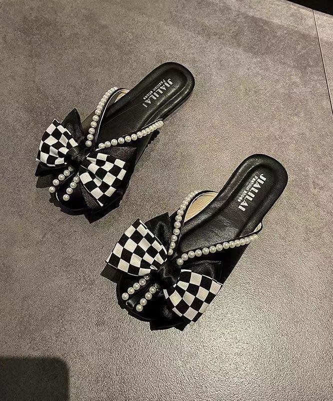 Slide Sandals Black Splicing Plaid Bow Nail Bead