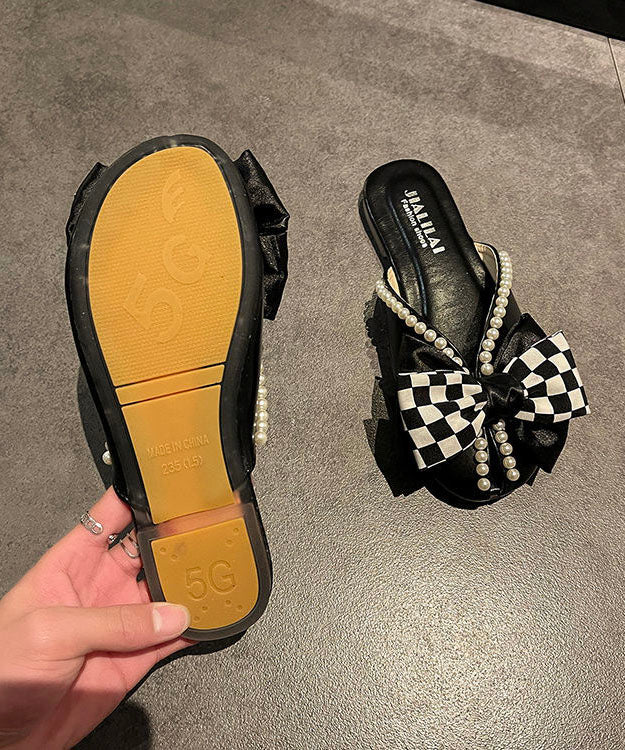 Slide Sandals Black Splicing Plaid Bow Nail Bead
