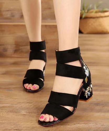 Splicing Peep Toe Chunky Sandals Black Velour Embroidery