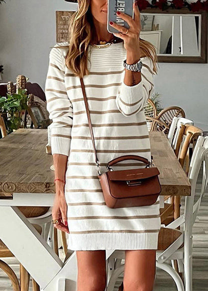 Striped O Neck Cozy Knit Mid Dress Fall