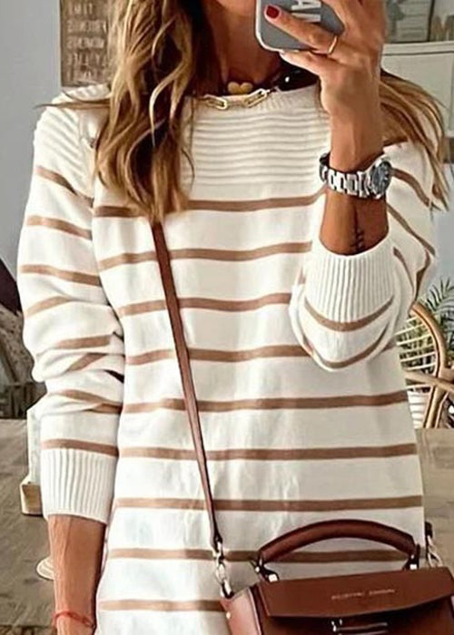 Striped O Neck Cozy Knit Mid Dress Fall