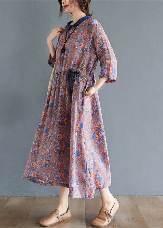 Tie Waist Print Pockets Fall Mid Dress Half Sleeve