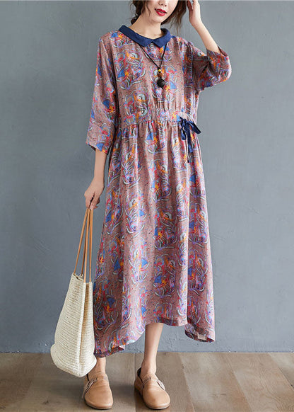 Tie Waist Print Pockets Fall Mid Dress Half Sleeve