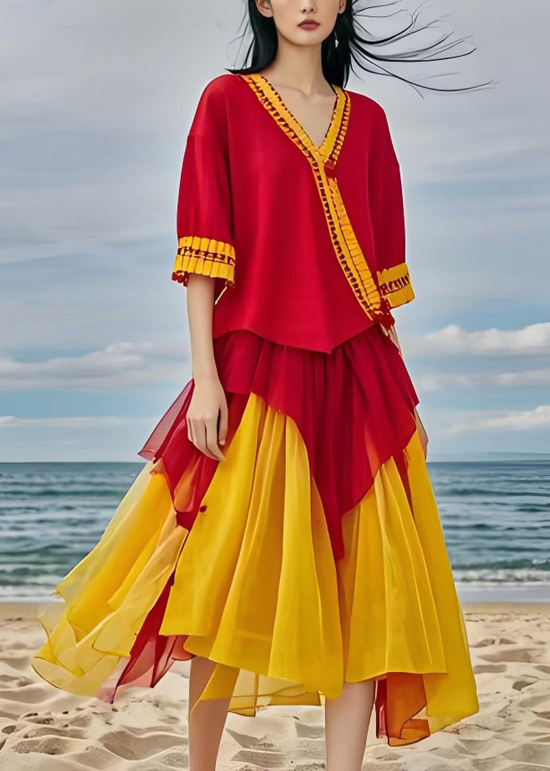 V Neck Asymmetrical Design Patchwork Chiffon Dresses Summer