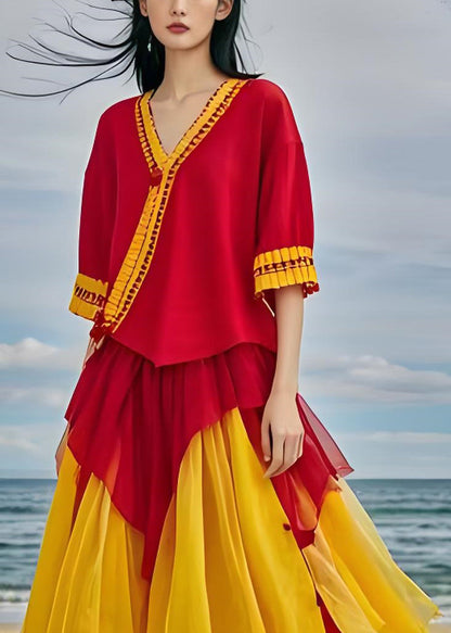 V Neck Asymmetrical Design Patchwork Chiffon Dresses Summer