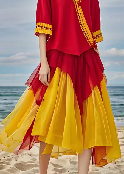 V Neck Asymmetrical Design Patchwork Chiffon Dresses Summer