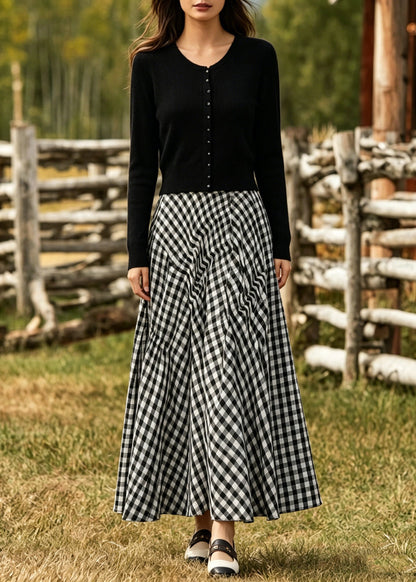V Neck Plaid Exra Large Hem Cotton Two Pieces Set Spring