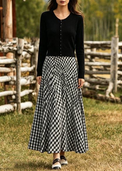 V Neck Plaid Exra Large Hem Cotton Two Pieces Set Spring