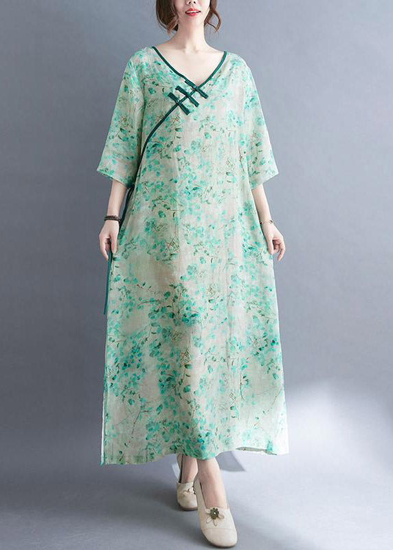 V Neck Print Button Side Open Holiday Dress Three Quarter Sleeve