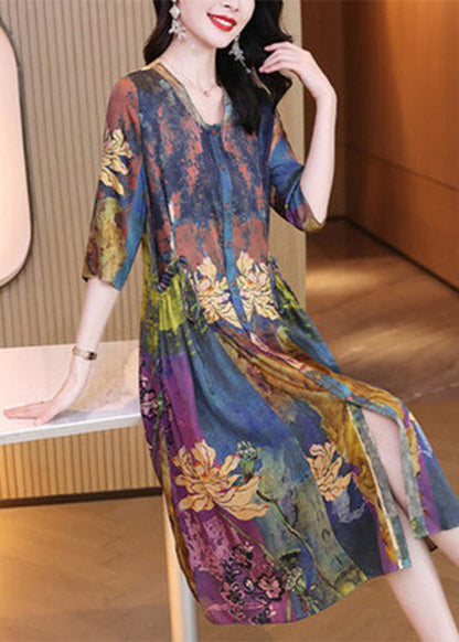 V Neck Print Cinched Button Dresses Half Sleeve