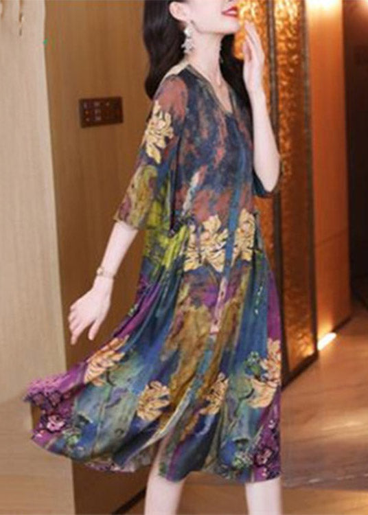 V Neck Print Cinched Button Dresses Half Sleeve