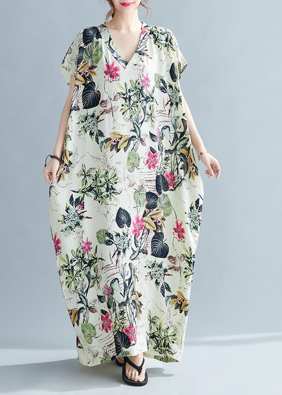 V Neck Print Cozy Maxi Dress Short Sleeve