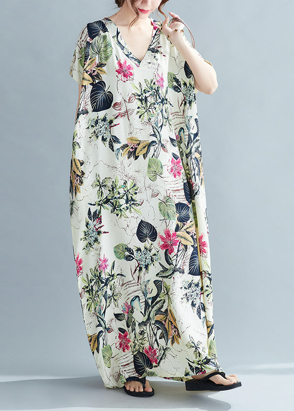 V Neck Print Cozy Maxi Dress Short Sleeve