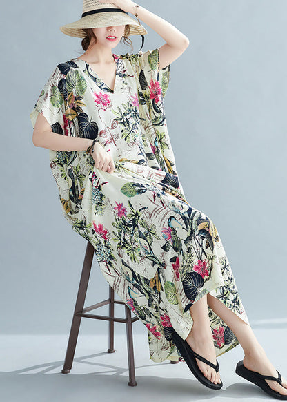 V Neck Print Cozy Maxi Dress Short Sleeve